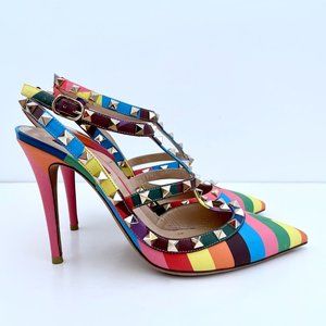 Valentino 1973 Rainbow Rockstud T-Strap Pumps 39 Stripe Multicolor